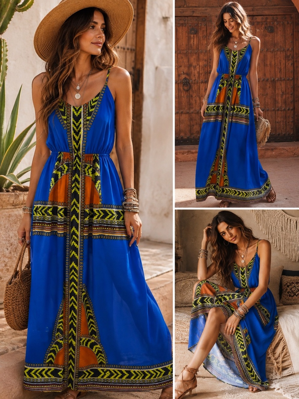Fire Los Angeles Blue Tribal Boho Maxi Dress Size S Sheer Festival Resort